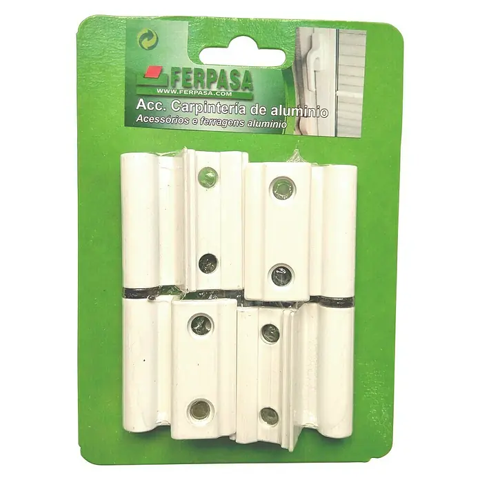 Bisagra con 3 hojas - Blanco, 2 ud. - Una foto de detalles de las bisagras de aluminio FERPASA mostradas en un embalaje verde para accesorios de mobiliario. Ideal para carpintería.