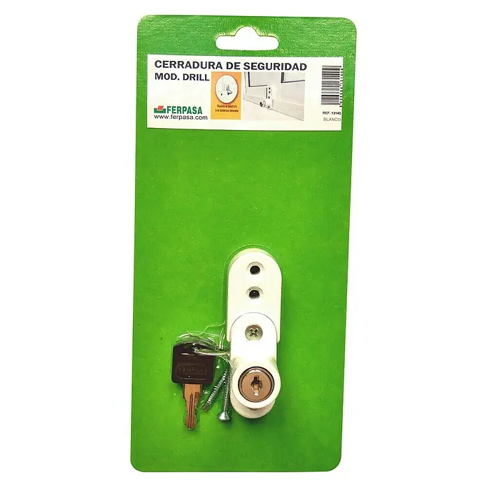 Cierre de seguridad para ventanas Drill - Blanco - Un juego de cerradura de seguridad con una llave y tornillos que se muestra en un embalaje verde.