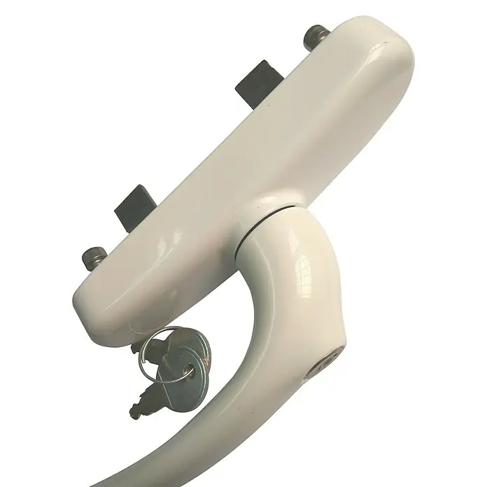 Manilla para ventana con llave - Largo: 170 mm, Blanco, Aluminio - Primer plano de una manija de ventana blanca con llaves. La manija tiene una forma elegante y cuenta con un bloqueo integrado para mayor seguridad.