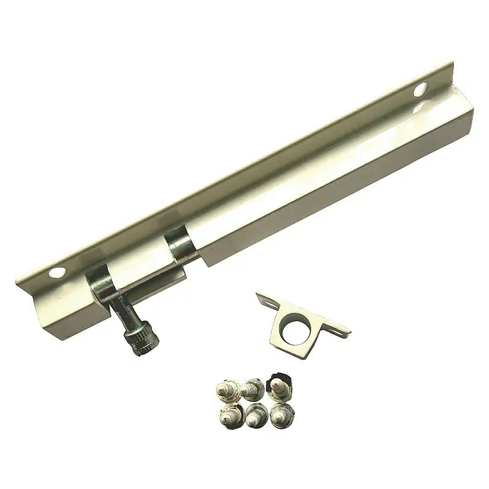 Cerradura adicional para ventanas - Largo: 150 mm, Aluminio, Blanco - Un cerrojo deslizante color crema con material de montaje, ideal para asegurar puertas y portones. Aporta mayor seguridad y protección.