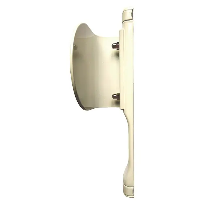 Cerradura para puertas y ventanas con placa - Blanco - Vista lateral de un portarrollos de papel higiénico beige con soporte redondo y pernos de montaje.