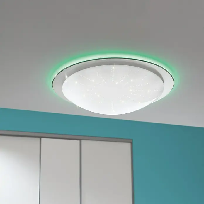 Tween Light Plafón LED Oria - 35 W, Blanco, Blanco neutro - Lámpara de techo LED moderna con efecto cielo estrellado y anillo de luz verde, ideal para iluminación ambiental en el salón.