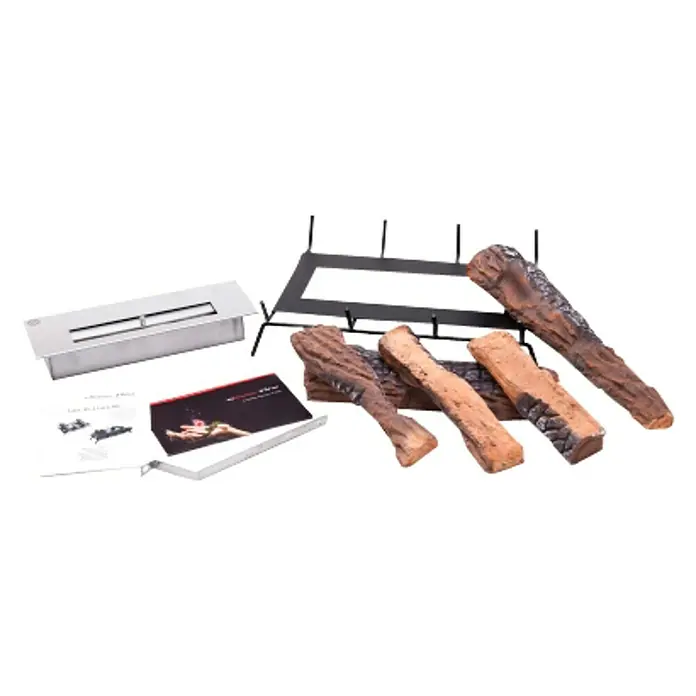 Purline Bloque de combustión Lara 45 - L x An x Al: 32 x 44 x 11 cm, Marrón - Imagen del producto de un inserto de chimenea de etanol con troncos decorativos, encendedor, soporte y manual de instrucciones.