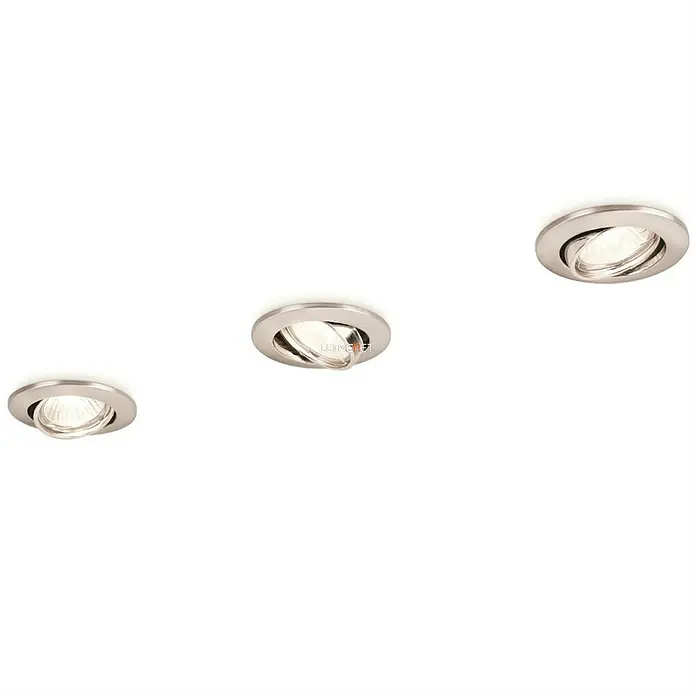 Philips Set de focos empotrables Enif - 50 W, Ø x Al: 9 x 1 cm, Níquel mate, 3 ud. - Esta imagen muestra tres focos de techo con un acabado de níquel cepillado, que ofrecen un diseño moderno y minimalista.\n