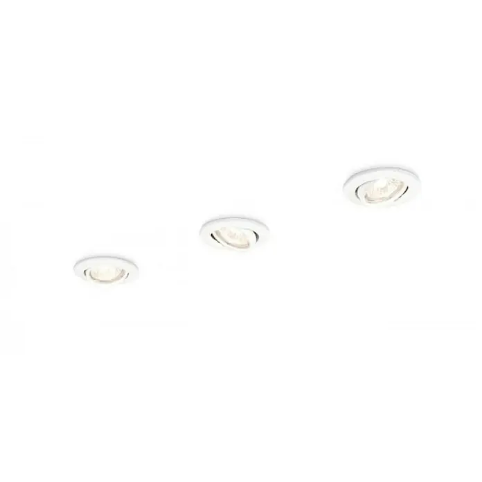 Philips Set de focos empotrables Enif - 50 W, Ø x Al: 9 x 1 cm, Blanco, 3 ud. - Primer plano de tres focos LED empotrables en el techo blancos, creando un ambiente moderno y luminoso.