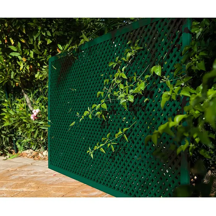 Celosía LOP - An x Al: 1 x 2 m, Verde - Una celosía de madera verde con una planta trepadora, ideal como elemento decorativo para jardines y terrazas.