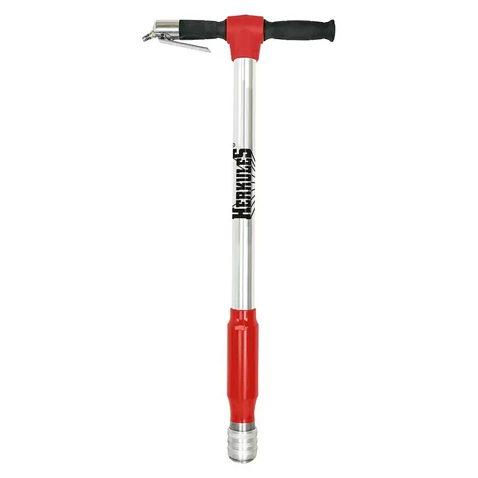 Herkules Multiherramienta neumática - 6,3 bar, Consumo de aire: 160 - 280 l/min - Un pisón de tierra rojo y plateado marca Hércules para jardinería, ideal para compactar el suelo e hincar postes.