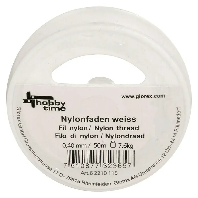 Hobby Time Nylonfaden - Ø x L: 0,4 mm x 50 m, Weiß - Spule mit weißem Nylonfaden der Marke Glorex, ideal zum Basteln und für Schmuckprojekte. Durchmesser 0,40 mm, Länge 50 m, Tragkraft 7,6 kg.
