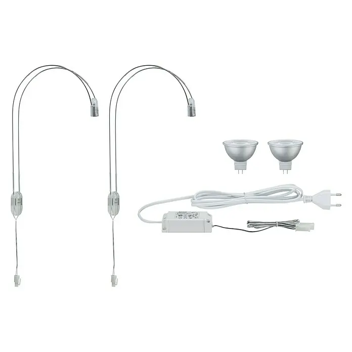 Paulmann Galeria LED-Spiegelleuchte II - 4 W, L x B x H: 18 x 2,5 x 30 cm, Chrom, Warmweiß - Abgebildet sind zwei silberne LED-Lampen, zwei Leuchtmittel, ein Netzteil, ein Stromkabel und ein Verbindungsstück, die zusammen ein Lampenset bilden.