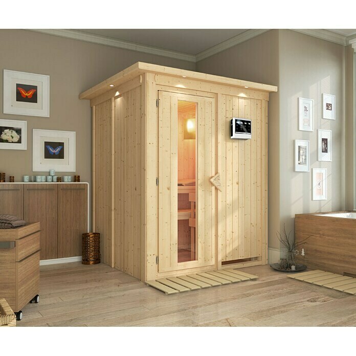 Karibu Systemsauna Norin (Mit 9 kW Saunaofen mit integrierter Steuerung, Mit Dachkranz und Beleuchtung, Massivholz, 151 x 151 x 198 cm)