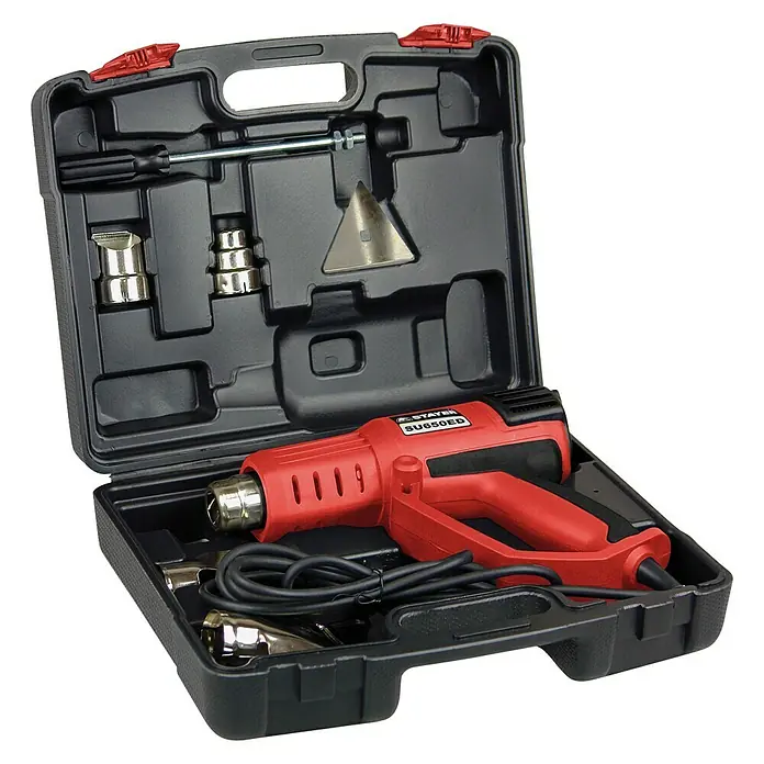 Stayer Pistola de aire caliente SU 650 EDK - 50 °C - 600 °C - Un kit de pistola de calor roja en una caja de herramientas negra, completo con accesorios. Ideal para aficionados al bricolaje y profesionales.