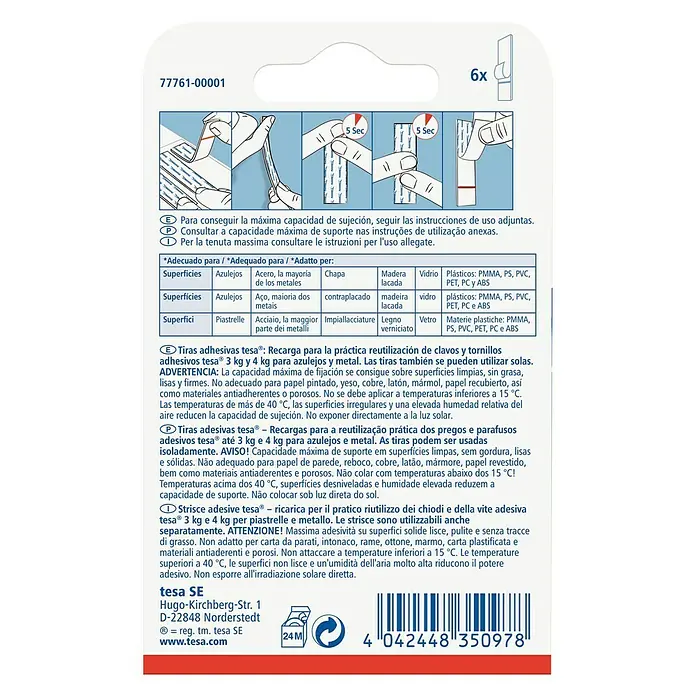 Tesa Powerstrips Tira autoadhesiva - 6 ud., Carga soportada: 3 kg - Tiras adhesivas Tesa: Tiras reutilizables para clavos y tornillos, ideales para azulejos y metal. Aseguran fijaciones limpias y fuertes.