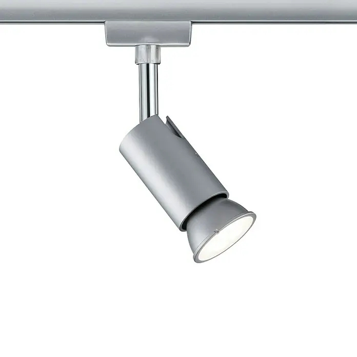 Paulmann URail Deckenstrahler Pure I - L x B x H: 6,6 x 5,8 x 11 cm, GU10, Chrom - Nahaufnahme einer schwenkbaren, grauen LED-Strahlers an einer silbernen Schiene, der ein fokussiertes, helles Licht ausstrahlt.
