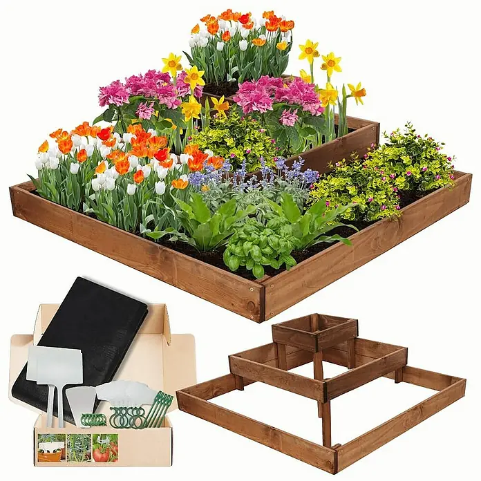 Proregal Hochbeet TREPPEN Holz - 92 x 92 x 27 cm, Holz, Braun