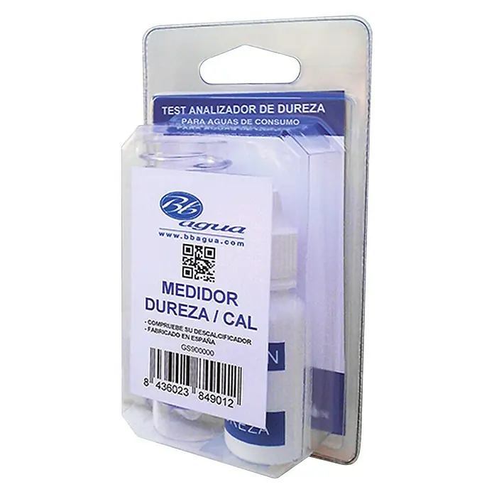 Bb agua Detector de dureza del agua - Descalcificador de agua - Imagen de un kit de prueba de dureza del agua BB agua, empaquetado en plástico transparente, mostrando información del producto en español.