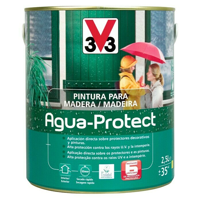 V33 Pintura protectora para la madera Agua Protect (Blanco, 2,5 l, Satinado)