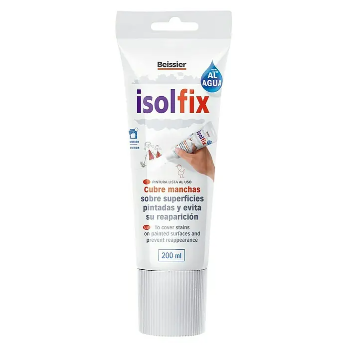 Beissier Pintura antimanchas Isolfix - Blanco, 200 ml, Mate - Imagen de un tubo de pintura Beissier Isolfix para cubrir manchas en superficies pintadas y evitar su reaparición.