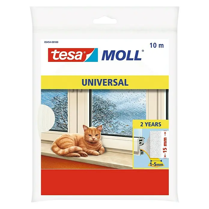 Tesa INSULATION Burlete de gomaespuma universal - Blanco, 10 m x 15 mm x 5 mm, Desajustes de 1 - 5 mm - Tira de sellado universal tesa Moll en una bolsa, ideal para sellar ventanas y puertas. Con ilustraciones y especificaciones del producto.