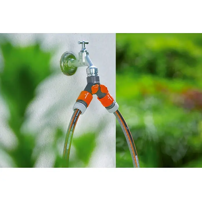 Gardena Distribuidor 2 vías - Gris/Naranja, Plástico - Adaptador de grifo Gardena en grifo con dos mangueras de jardín para regar en el jardín.