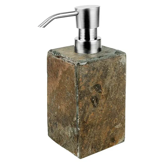 Bath Stage B-Natural Dispensador de jabón - Gres, Gris Marrón - Aquí hay un moderno dispensador de jabón con una base cuadrada de piedra y un elegante cabezal de bomba plateado.