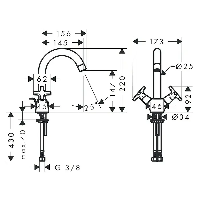 Hansgrohe MySport Grifo de lavabo - Cromo - Dibujo técnico de un grifo con todas las dimensiones.