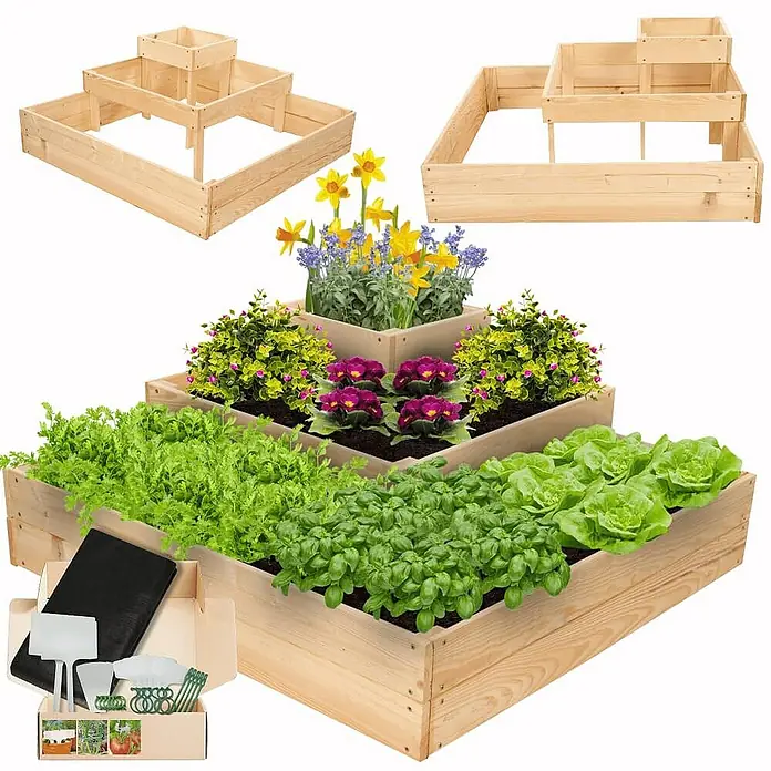 Proregal Hochbeet TREPPEN Holz - 92 x 92 x 36 cm, Holz, Natur