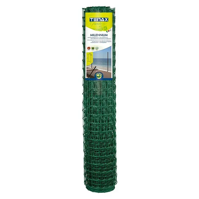 Malla protectora Millenium - Verde, L x Al: 10 x 1,5 m - Un rollo de valla de jardín verde Tenax Garden Millennium, ideal para proteger plantas y diseñar espacios exteriores.