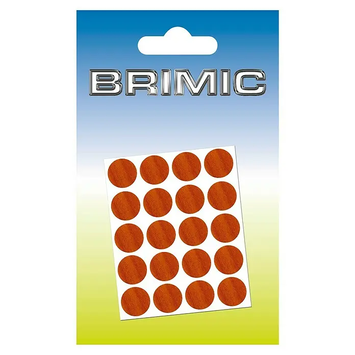 Micel Brimic Tapón embellecedor Cerezo - Diámetro: 13 mm, Pegado, 20 ud. - Imagen del producto BRIMIC que muestra un paquete de 20 adhesivos redondos de color marrón con veta de madera sobre una hoja blanca, ideal para manualidades y decoraciones.