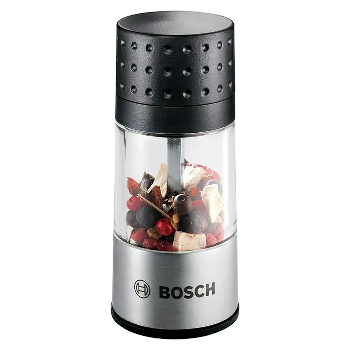 Bosch Gewürzmühlenaufsatz - Passend für: Bosch Easy Akkuschrauber IXO III/IV/V/VI - Eine Bosch Gewürzmühle mit transparentem Behälter, gefüllt mit einer bunten Gewürzmischung, ideal für frische Aromen in der Küche.
