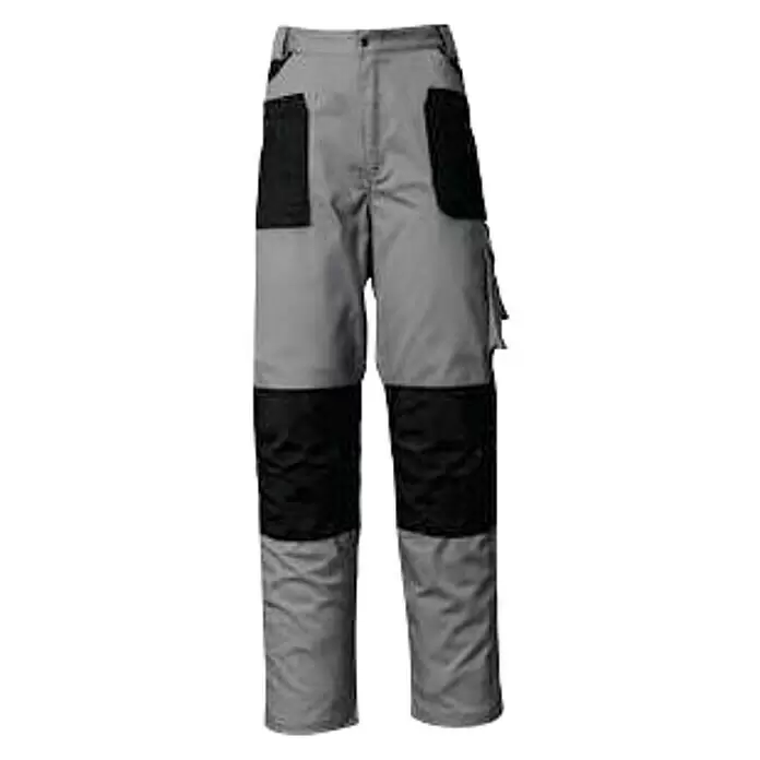 Industrial Starter Pantalones de trabajo Stretch - Caballeros, L, Gris/Negro - Pantalones de trabajo grises con refuerzos negros en rodillas y muslos y múltiples bolsillos utilitarios.