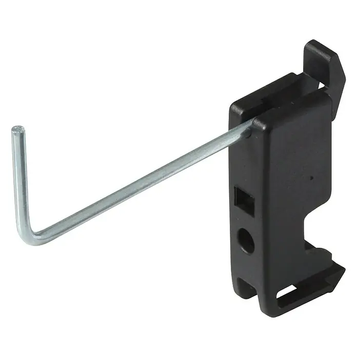 Wolfcraft Juego de ganchos para panel perforado - 10 pzs. - Un gancho de exhibición negro con una varilla metálica, perfecto para colgar diversos productos. Ideal para tiendas y organización.