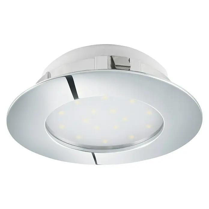 Eglo Downlight LED empotrable Pineda 95875 Cromo - 12 W, L x An x Al: 102 x 102 x 35 mm, Cromo, Blanco cálido - Primer plano de una lámpara de techo LED redonda con bisel cromado y varias bombillas pequeñas. Tiene un diseño elegante y moderno.