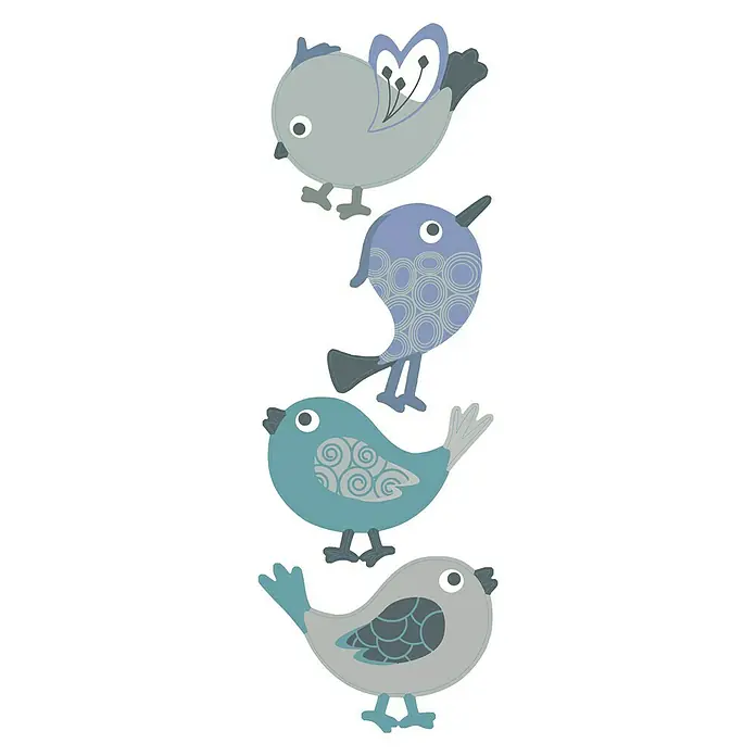 Vinilo de pared Pájaros - 68 x 24 cm, Azul/Gris, Plástico - Una disposición vertical de cuatro coloridas aves de dibujos animados con diversos diseños y esquemas de color sobre un fondo blanco.