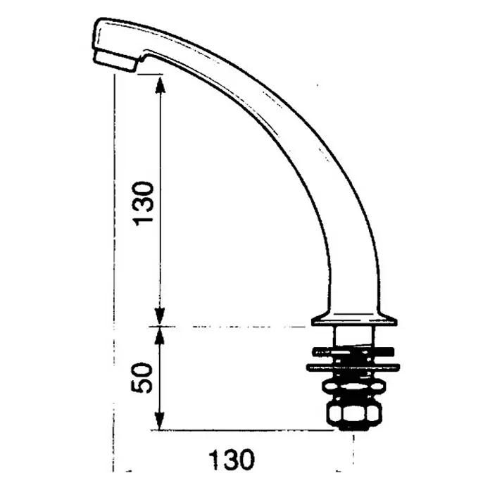 Caño giratorio para grifo de pedal - Largo: 130 mm - Dibujo de un caño de grifo con dimensiones etiquetadas.