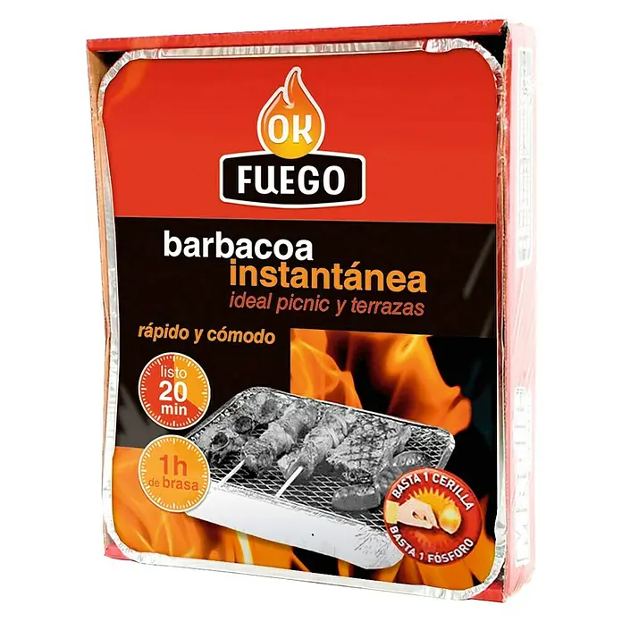 Ok Fuego Barbacoa de un solo uso - Superficie de la parrilla (An x Pr): 36 x 25 cm, Aluminio - Imagen de una caja de barbacoa instantánea etiquetada como "OK Fuego", ideal para picnics y terrazas.