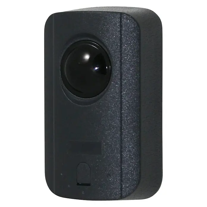 Sensor de infrarrojos para puertas motorizadas batientes y correderas - Potencia máx.: 24 W - Primer plano de una cámara de vigilancia negra con lente esférica, ideal para fines de seguridad interior.