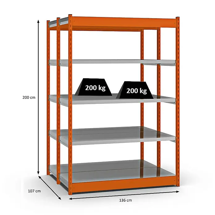 Proregal Schwerlastregal MAGNUS Vierkant-Profil Stecksystem - H x B x T: 200 x 132,5 x 50 cm, Traglast pro Boden: 200 kg, Anzahl Böden: 10 Stk., Stecken, Orange/Verzinkt