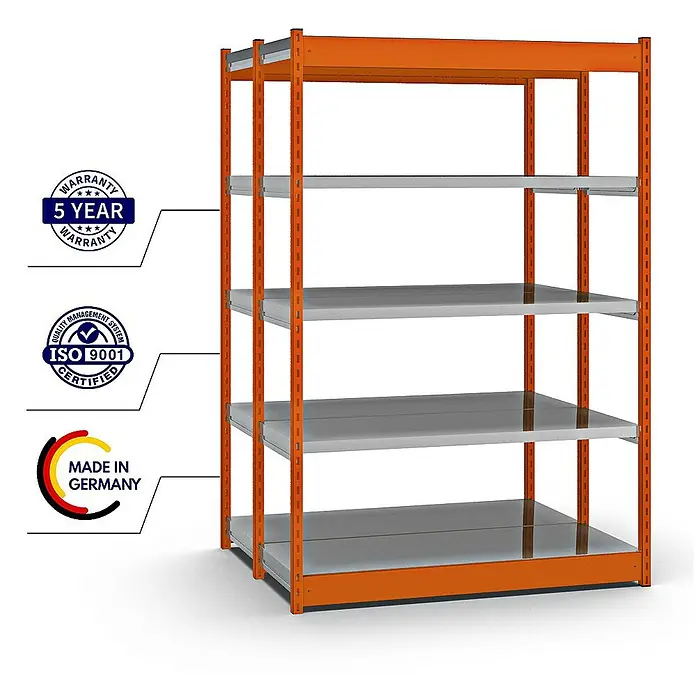 Proregal Schwerlastregal MAGNUS Vierkant-Profil Stecksystem - H x B x T: 200 x 132,5 x 50 cm, Traglast pro Boden: 200 kg, Anzahl Böden: 10 Stk., Stecken, Orange/Verzinkt
