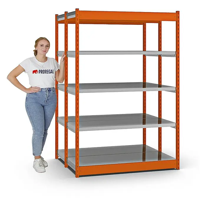Proregal Schwerlastregal MAGNUS Vierkant-Profil Stecksystem - H x B x T: 200 x 132,5 x 50 cm, Traglast pro Boden: 200 kg, Anzahl Böden: 10 Stk., Stecken, Orange/Verzinkt