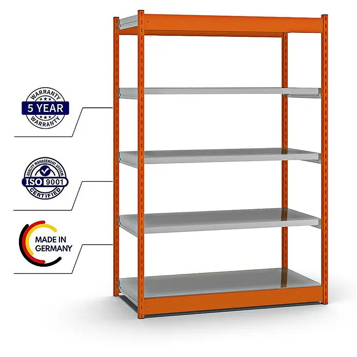 Proregal Schwerlastregal MAGNUS Vierkant-Profil Stecksystem - H x B x T: 200 x 132,5 x 60 cm, Traglast pro Boden: 200 kg, Anzahl Böden: 5 Stk., Stecken, Orange/Verzinkt