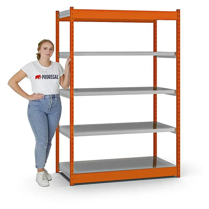 Proregal Schwerlastregal MAGNUS Vierkant-Profil Stecksystem - H x B x T: 200 x 132,5 x 60 cm, Traglast pro Boden: 200 kg, Anzahl Böden: 5 Stk., Stecken, Orange/Verzinkt