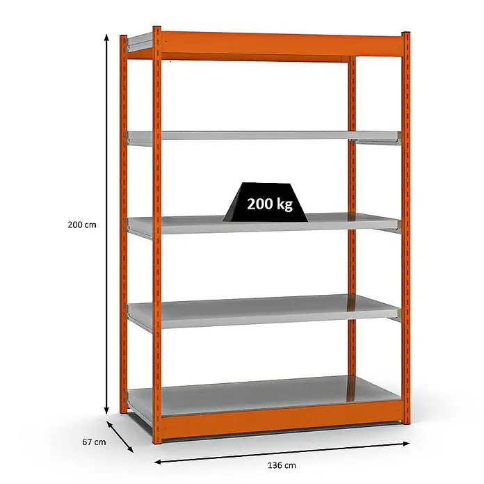 Proregal Schwerlastregal MAGNUS Vierkant-Profil Stecksystem - H x B x T: 200 x 132,5 x 60 cm, Traglast pro Boden: 200 kg, Anzahl Böden: 5 Stk., Stecken, Orange/Verzinkt