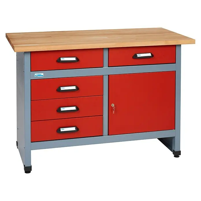 Küpper Werkbank - L x B: 60 x 120 cm, Arbeitshöhe: 84 cm, Belastbarkeit: 300 kg, Rot/Silbergrau, Anzahl Schubladen: 5 Stk. - Werkbank mit Holzplatte, roten Schubladen und Schrank. Solide Werkstatteinrichtung für Handwerker und Heimwerker.