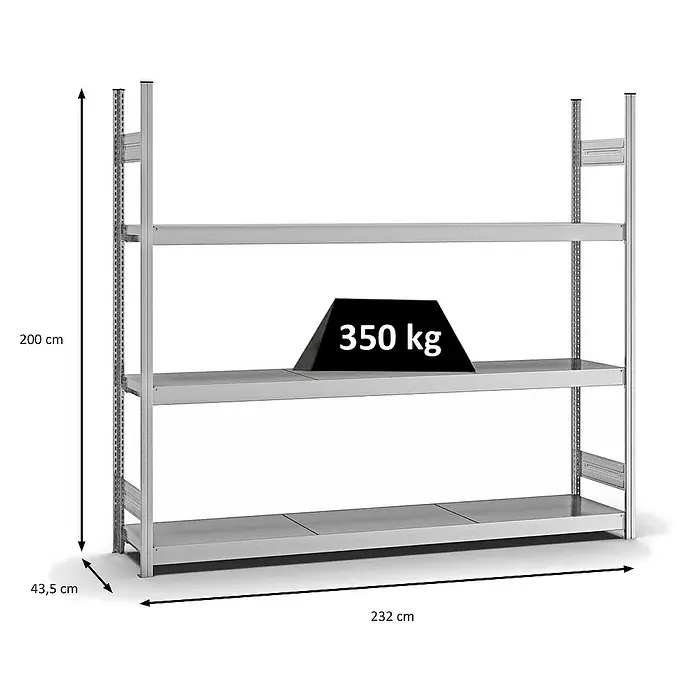Proregal Schwerlastregal MAGNUS Stecksystem - H x B x T: 200 x 225 x 40 cm, Traglast pro Boden: 350 kg, Anzahl Böden: 3 Stk., Stecken, Verzinkt
