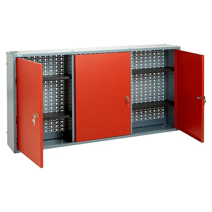 Küpper Hängeschrank - L x B x H: 20 x 120 x 60 cm, Anzahl Türen: 3 Stk., Rot/Silbergrau - Hängender Werkzeugschrank mit roten Türen und Innenregalen, ideal für Werkstatt und Garage zur Werkzeugaufbewahrung.