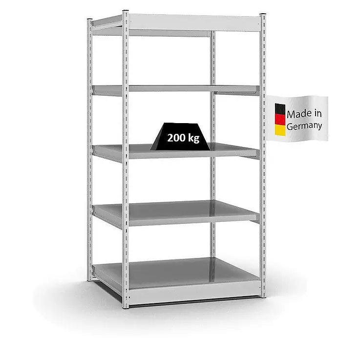 Proregal Schwerlastregal MAGNUS Vierkant-Profil Stecksystem - H x B x T: 200 x 102,5 x 80 cm, Traglast pro Boden: 200 kg, Anzahl Böden: 5 Stk., Stecken, Lichtgrau/Verzinkt