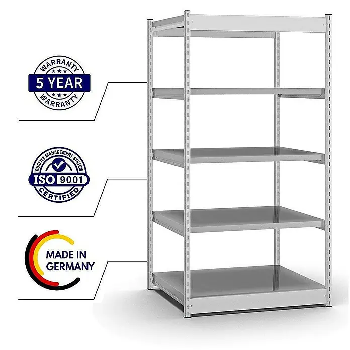 Proregal Schwerlastregal MAGNUS Vierkant-Profil Stecksystem - H x B x T: 200 x 102,5 x 80 cm, Traglast pro Boden: 200 kg, Anzahl Böden: 5 Stk., Stecken, Lichtgrau/Verzinkt