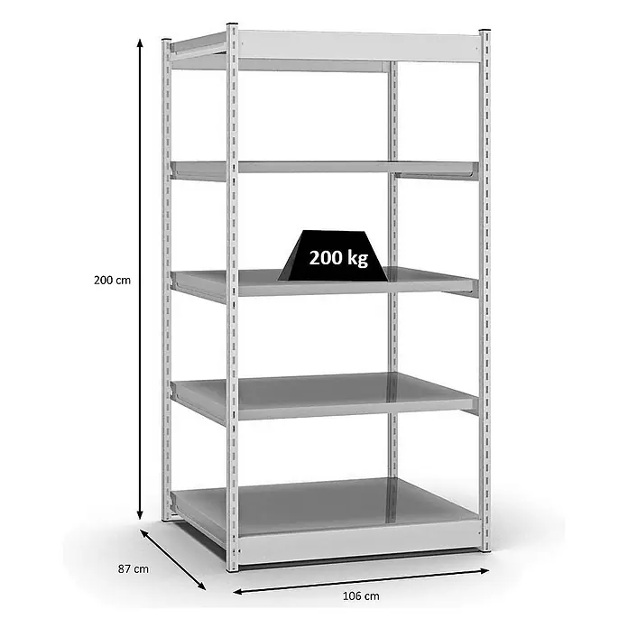 Proregal Schwerlastregal MAGNUS Vierkant-Profil Stecksystem - H x B x T: 200 x 102,5 x 80 cm, Traglast pro Boden: 200 kg, Anzahl Böden: 5 Stk., Stecken, Lichtgrau/Verzinkt