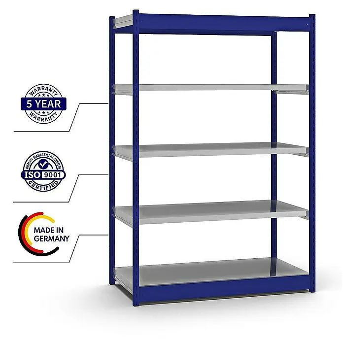 Proregal Schwerlastregal MAGNUS Vierkant-Profil Stecksystem - H x B x T: 200 x 132,5 x 60 cm, Traglast pro Boden: 200 kg, Anzahl Böden: 5 Stk., Stecken, Enzianblau/Verzinkt
