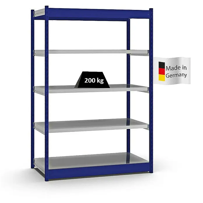 Proregal Schwerlastregal MAGNUS Vierkant-Profil Stecksystem - H x B x T: 200 x 132,5 x 60 cm, Traglast pro Boden: 200 kg, Anzahl Böden: 5 Stk., Stecken, Enzianblau/Verzinkt